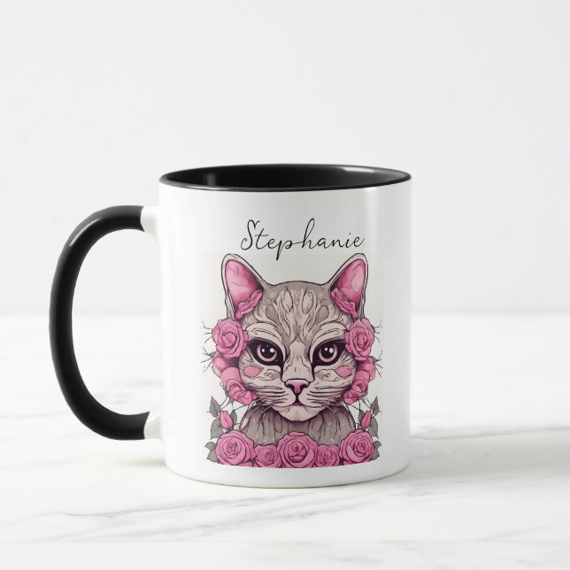 Caneca de café com gato e rosas cor-de-rosa (Esquerda)