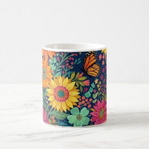 Caneca de Café com Girassóis Borboleta Boho Abstra