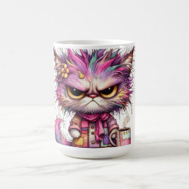 Caneca de café com imagem colorida de gato zangado