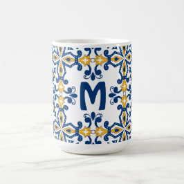Caneca De Café Com iniciais 💛 💙azulejos azuis e amarelos