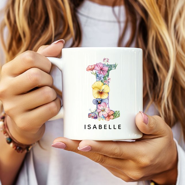 Caneca de Café com Inicial Floral Personalizada, P (Custom Monogram Name Mug for Mom or Bridesmaids, Custom Floral Alphabet Mug for Teacher or Nurse)
