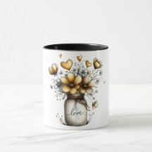 Caneca de café com jarra de mason cheia de flores