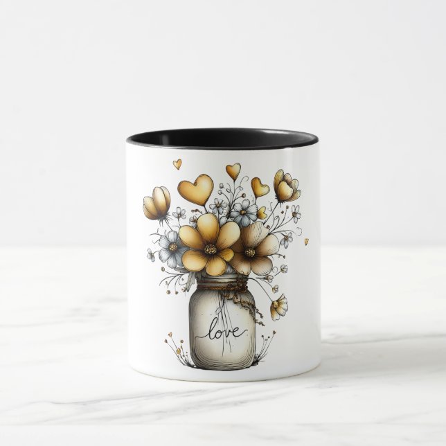 Caneca de café com jarra de mason cheia de flores (Centro)