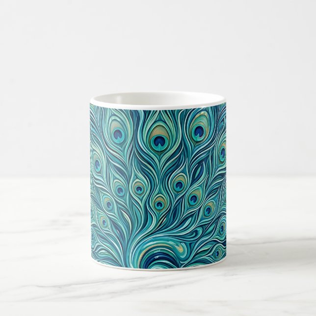 Caneca de Café com Leque de Pavão Azul Oceano Abst (Centro)
