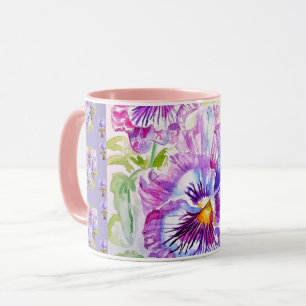 Caneca de Café com Margaridas Roxas Pintadas à Mão