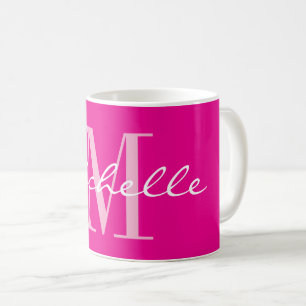Caneca de café com monograma de nome rosa neon ele