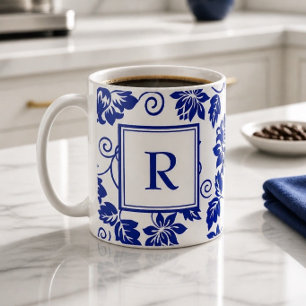 Caneca de Café com Monograma do Padrão Jardim Azul