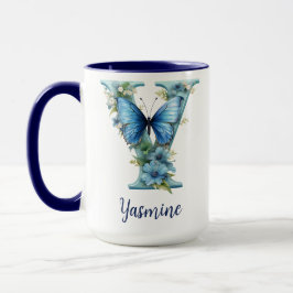 Caneca de café com monograma floral azul de 15 oz