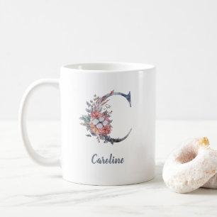 Caneca de Café com Monograma Floral Azul Personali