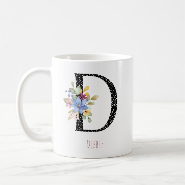 Caneca de Café com Monograma Floral D em Pontos Pr (Esquerda)