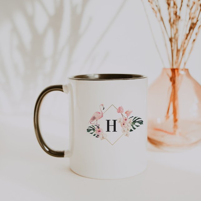 Caneca de Café com Monograma Floral de Flamingo Tr (Criador carregado)