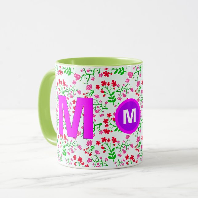 Caneca de Café com Monograma Floral Inicial para M (Frente Esquerda)