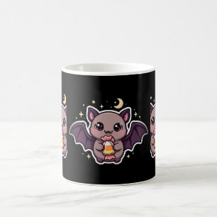 Caneca de café com morcego fofo segurando candy co