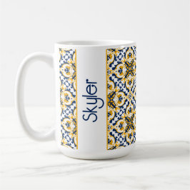 Caneca De Café Com o nome 💙 💛 Belos Azulejos azuis e amarelos