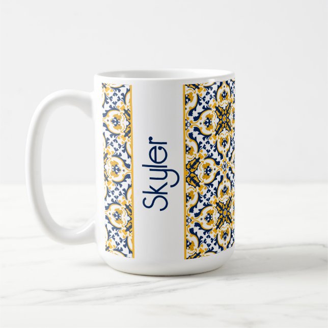 Caneca De Café Com o nome 💙 💛 Belos Azulejos azuis e amarelos (Esquerda)