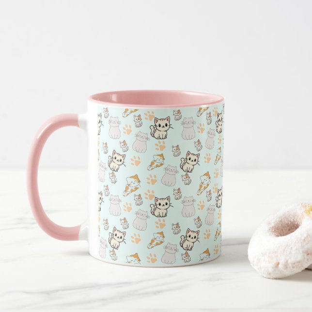 Caneca de Café com Padrão de Gatinhos e Patas Fofo (Com Donut)