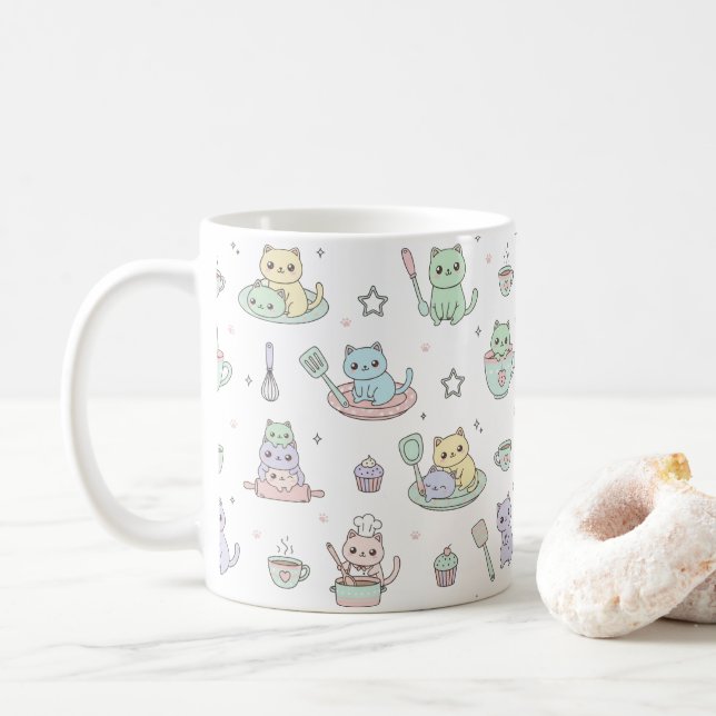 Caneca de Café com Padrão de Gatinhos Kawaii (Com Donut)