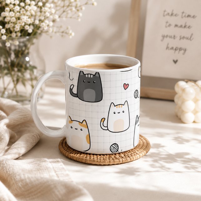 Caneca de Café com Padrão de Gato Kawaii Fofo (Cute Kawaii Cat Pattern Coffee Mug)