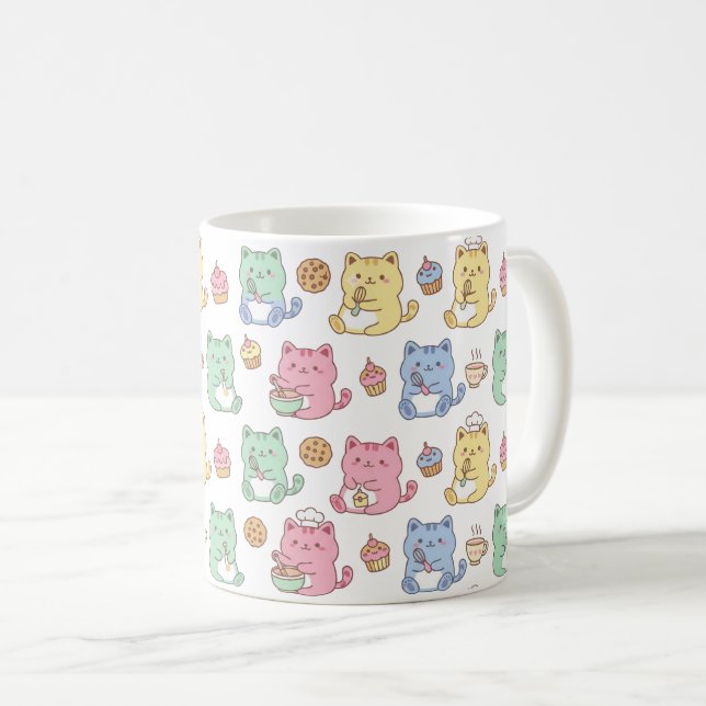 Caneca de Café com Padrão de Gatos Kawaii de Confe (Frente Esquerda)