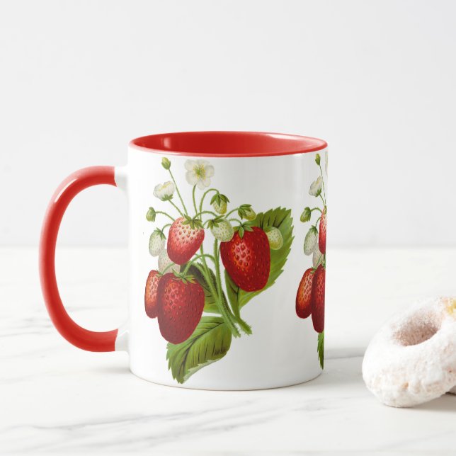 Caneca de Café com Padrão de Morango em Estilo Cou (Com Donut)