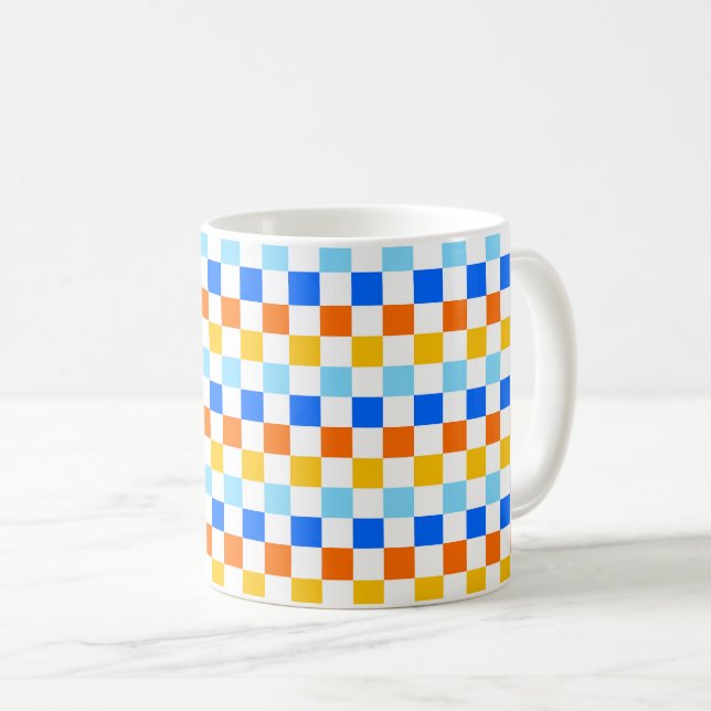 Caneca de café com padrão xadrez verde ácido e pre (Frente Esquerda)