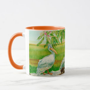 Caneca de café com pelicanos, pássaros, animais 