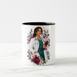 Caneca de Café com Retrato de Médica em Dois Tons