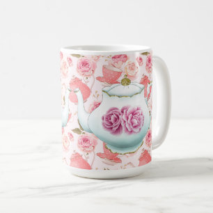 Caneca de Café com Rosas Cor-de-Rosa e Bules de Ch