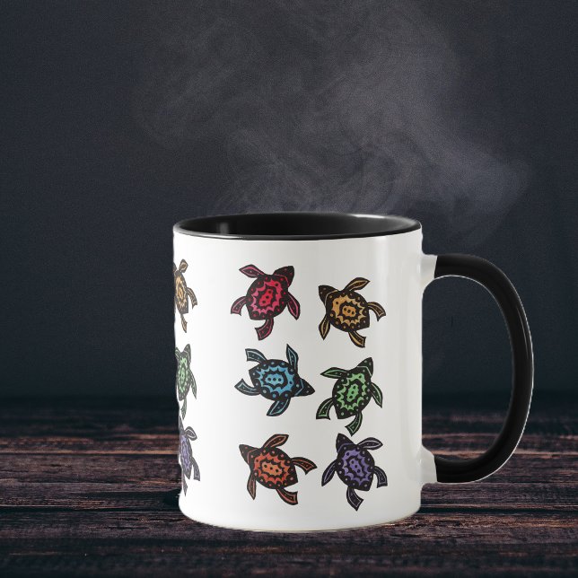 Caneca de Café com Tartarugas Abstratas Coloridas (Bunch of black abstract turtles with designs and shells in multiple bright colours on coffee mug.)