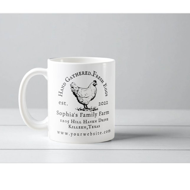 Caneca de Café com Texto Preto Negócios de Fazenda (Modern chicken farm owner name address coffee mug)