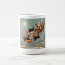 Caneca de café com trenó de Papai Noel e gatos voa
