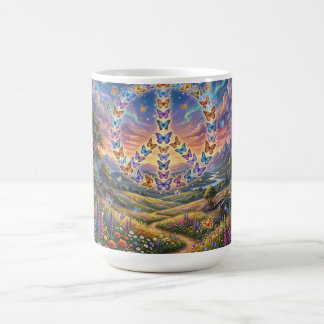 Caneca de café com vista noturna colorida do símbo