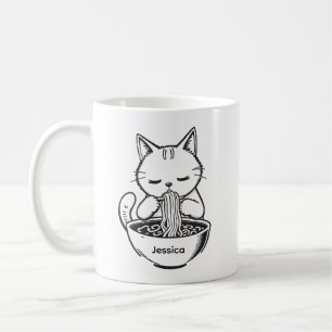 Caneca de Café Comendo Macarrão Ramen - Nome Perso