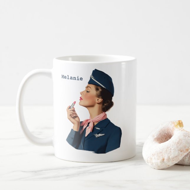 Caneca De Café Comissária de Voo Antiga Aplicando Brilho Labial (Com Donut)
