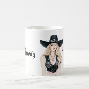 Caneca De Café Como vai, Cowgirl, Chapéu Preto, Saia Rosa com Cor
