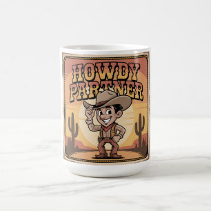 Caneca De Café "Como vai parceiro" Ilustração Retro do Cowboy no