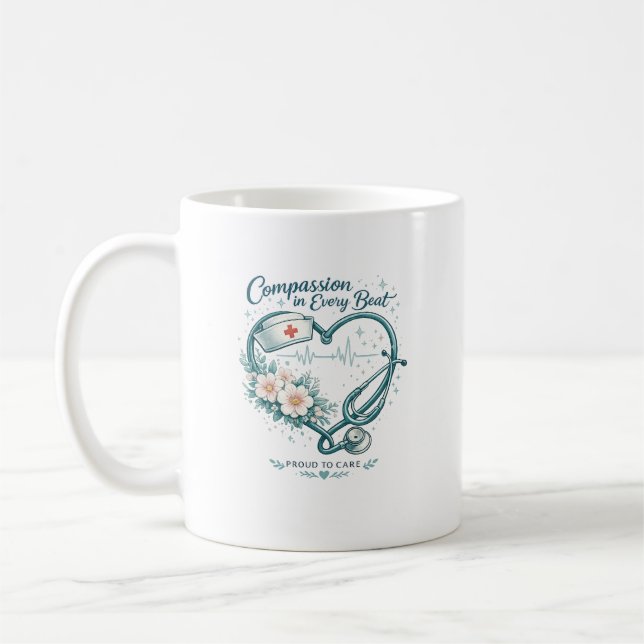 Caneca De Café Compaixão em Cada Batida Design Coração de Enferme (Esquerda)