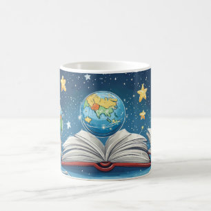 Caneca De Café conceito educacional com globos flutuando acima