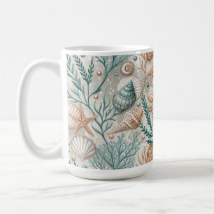 CANECA DE CAFÉ CONCHAS BROWN GREEN WHITE E FOLHAGEM AQUÁTICA