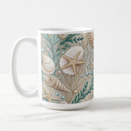 CANECA DE CAFÉ CONCHAS BROWN GREEN WHITE E FOLHAGEM AQUÁTICA