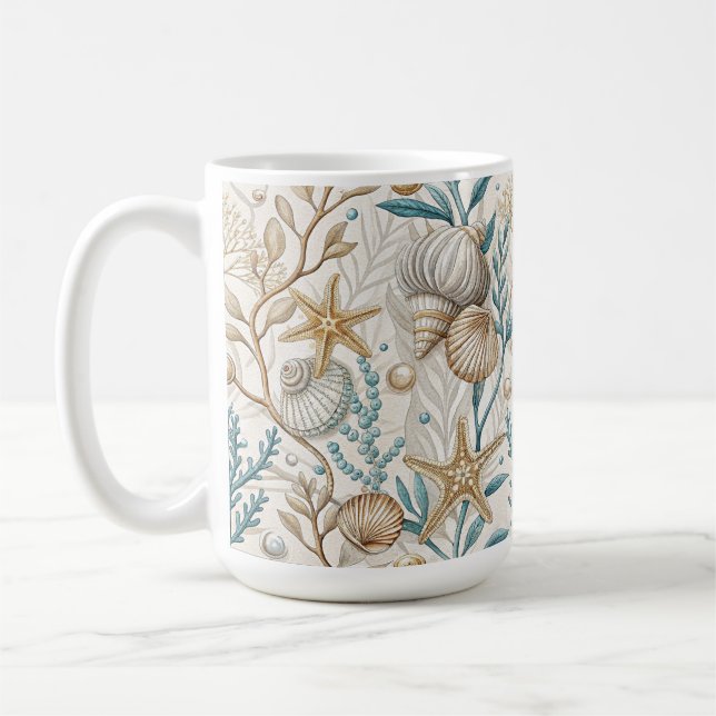 CANECA DE CAFÉ CONCHAS BROWN VERDE BRANCO E FOLHAGEM AQUÁTICA (Esquerda)
