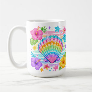 CANECA DE CAFÉ CONCHAS COLORIDAS E FLORES DE HIBISCO