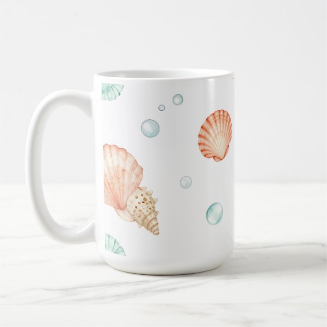 Caneca De Café Conchas de Aguarela Pérolas Padrão Costeiro (Esquerda)
