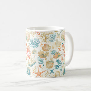 Caneca De Café Conchas e Corais Caprichosos com Acentos Azuis Sua