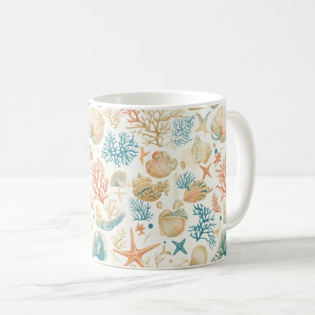 Caneca De Café Conchas e Corais Caprichosos com Acentos Azuis Sua (Frente Esquerda)