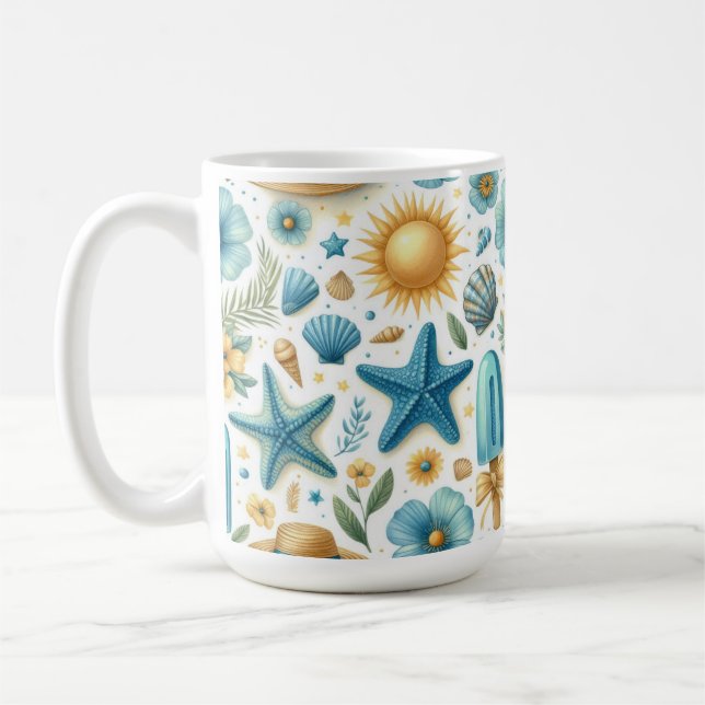 CANECA DE CAFÉ CONCHAS FLORES AMARELAS & AZUIS DE VERÃO (Esquerda)