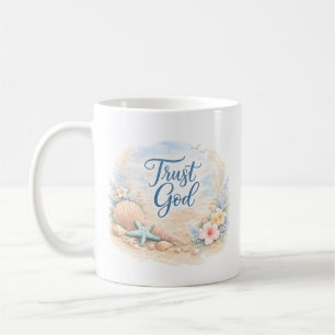 Caneca De Café "Confie em Deus" Aquarela Cristã de Praia Costeira