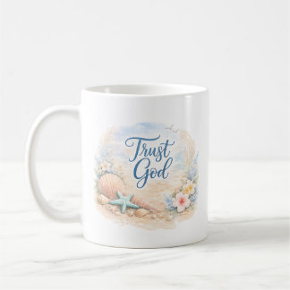 Caneca De Café "Confie em Deus" Aquarela Cristã de Praia Costeira