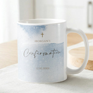 Caneca De Café Confirmação de Menino em Aquarela Azul Empoeirada