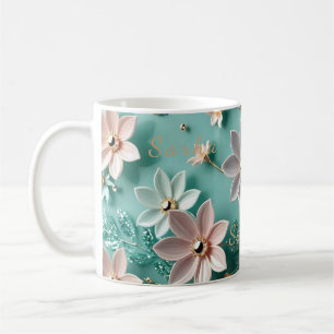 Caneca De Café Conjunto de Bandeja de Madeira com Floral Elegante